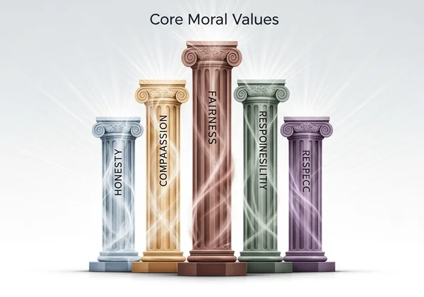 Abstract representation of the five core moral values as pillars.