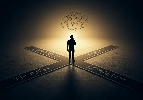 Person reflecting on conflicting moral principles, dilemma