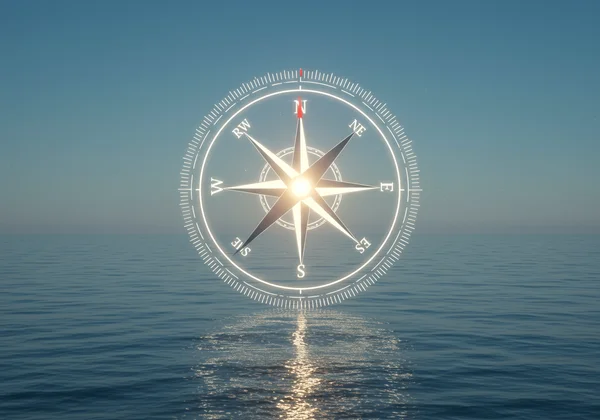 A symbolic moral compass guiding a ship through clear waters