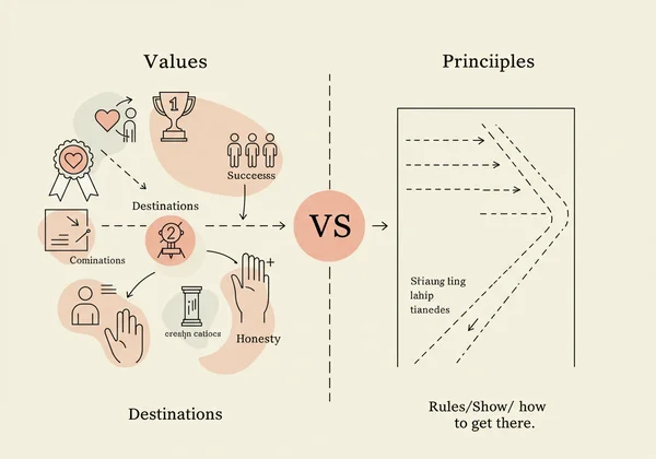 Diagram showing values as destinations, principles as paths