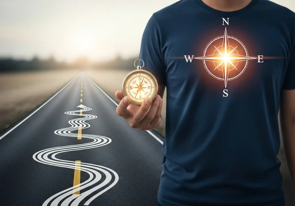 Person contemplating ethical choices with a moral compass