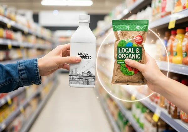 Person making an ethical consumption choice at grocery store