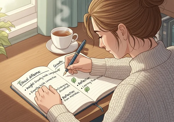 Person journaling about ethical growth and reflection