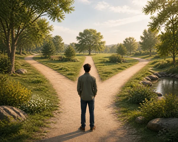 Person reflecting at a moral crossroads