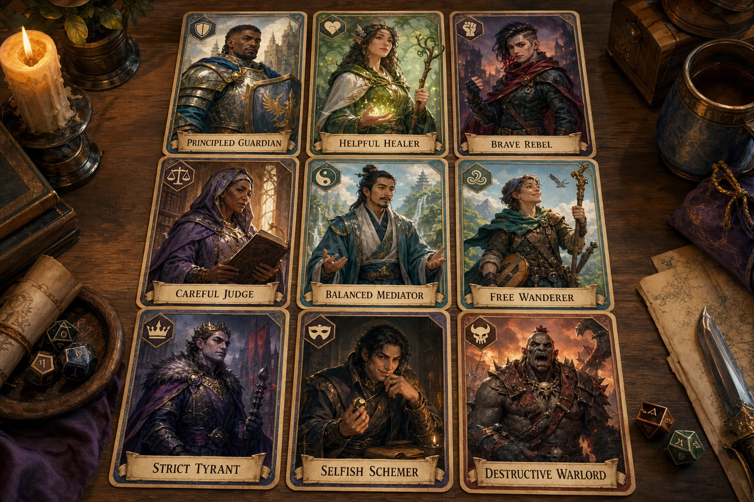 Character cards in nine alignments